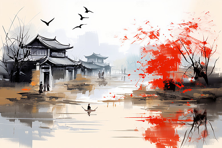 水墨江南小桥流水手绘插画