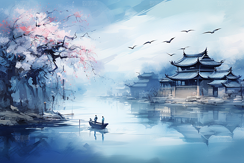 水墨江南小镇中式插画