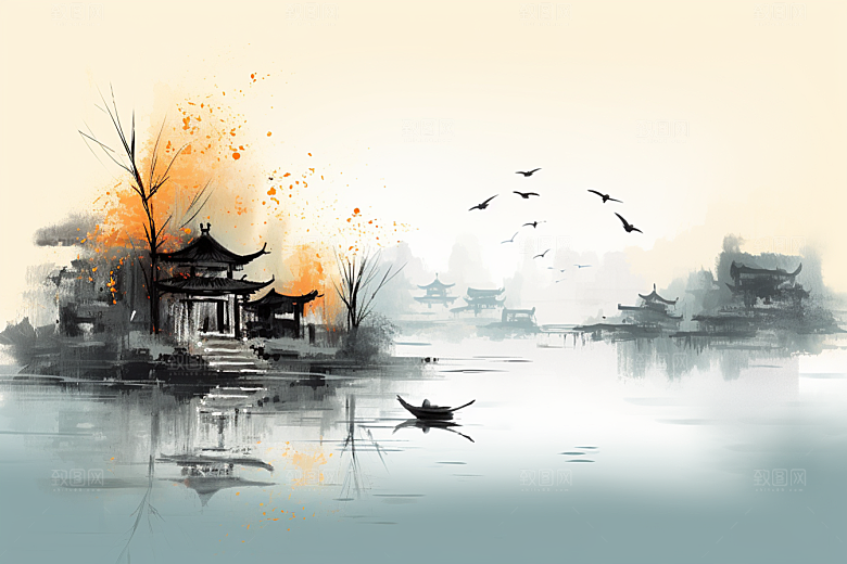 水墨江南粉墙黛瓦水彩插画