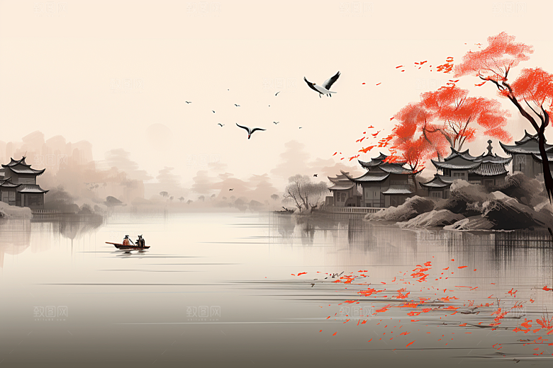 水墨江南小桥流水粉墙黛瓦插画
