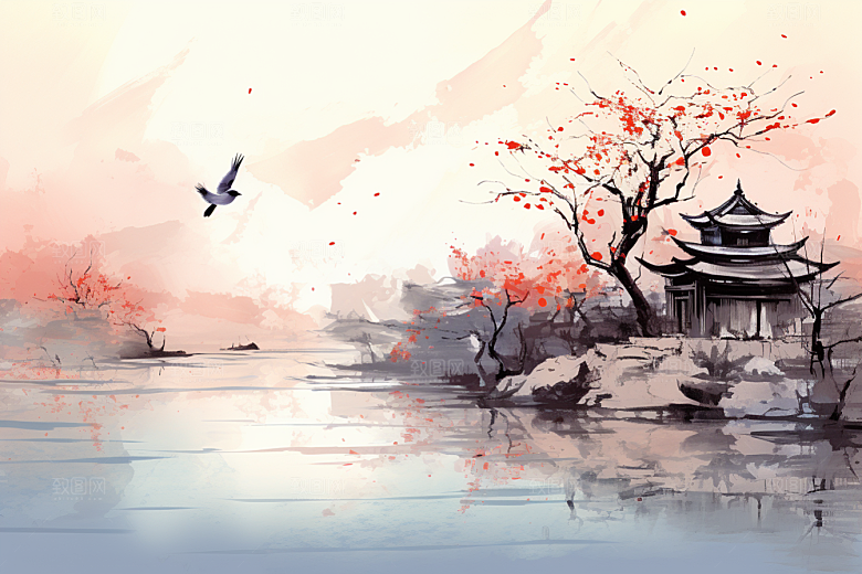 水墨江南中国风水彩插画