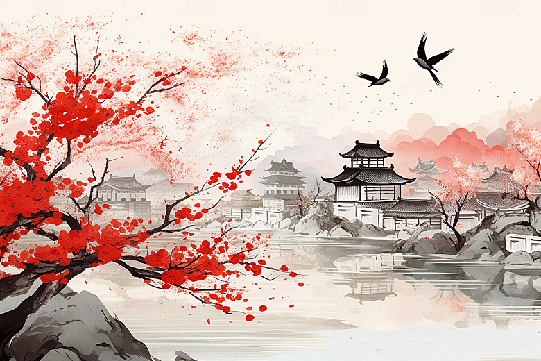 水墨江南晕染粉墙黛瓦插画