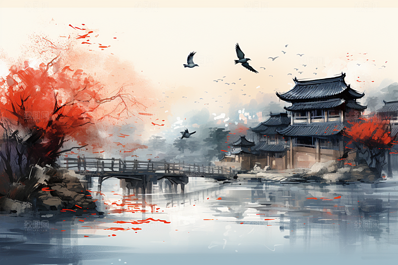 水墨江南小桥流水水彩插画