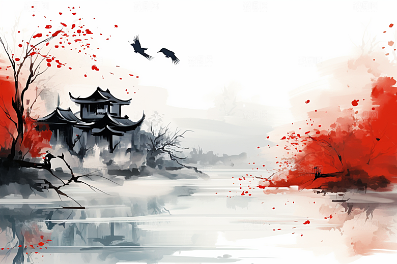 水墨江南水彩中国风插画