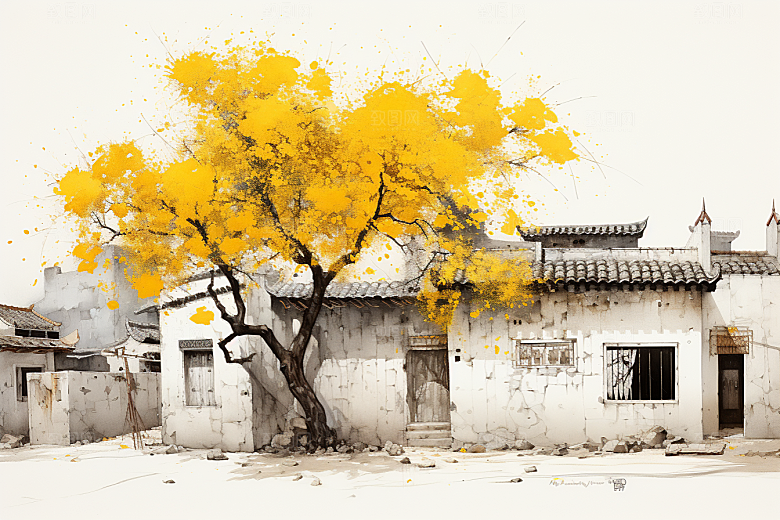 水墨江南水乡水彩插画