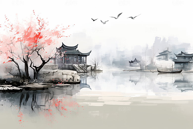 水墨江南水乡粉墙黛瓦插画