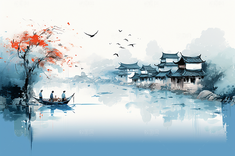 水墨江南中式小桥流水插画