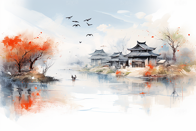水墨江南小镇晕染插画