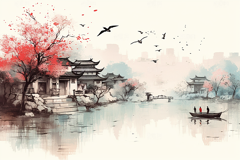 水墨江南中式晕染插画
