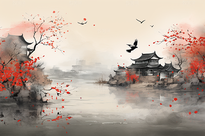 水墨江南中国风粉墙黛瓦插画