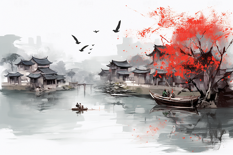 水墨江南小镇晕染插画