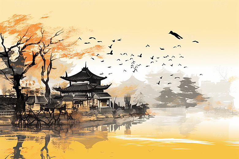 水墨江南水彩小镇插画