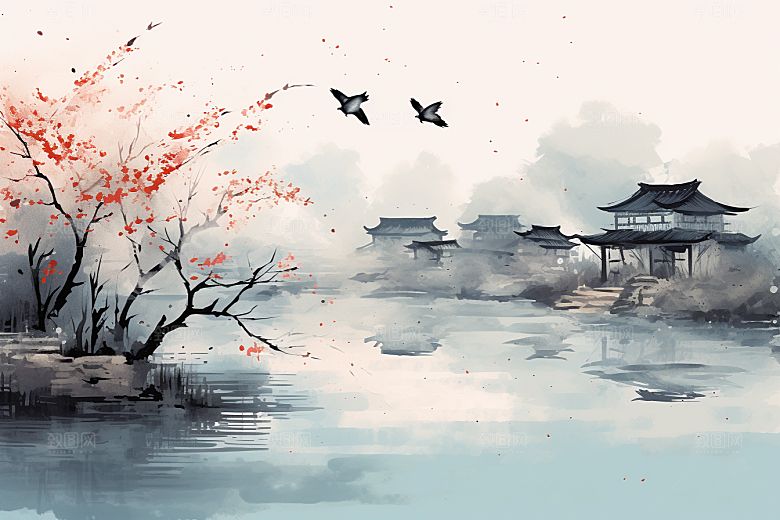 水墨江南手绘小桥流水插画
