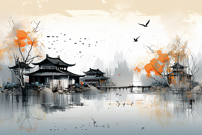 水墨江南水彩小镇插画