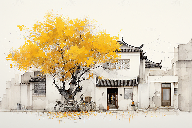 水墨江南小镇手绘插画