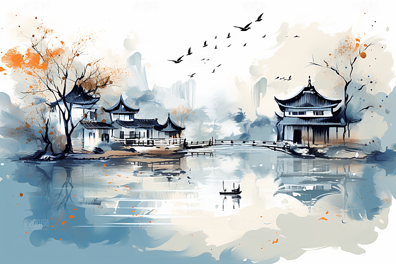 水墨江南粉墙黛瓦晕染插画
