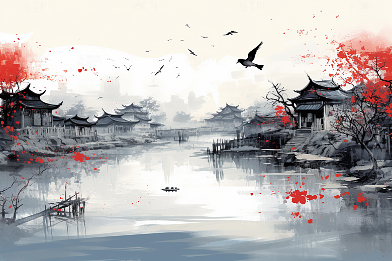 水墨江南水乡中国风插画