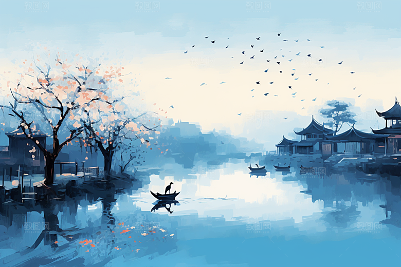 水墨江南中式小桥流水插画