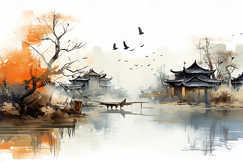 水墨江南粉墙黛瓦中式插画
