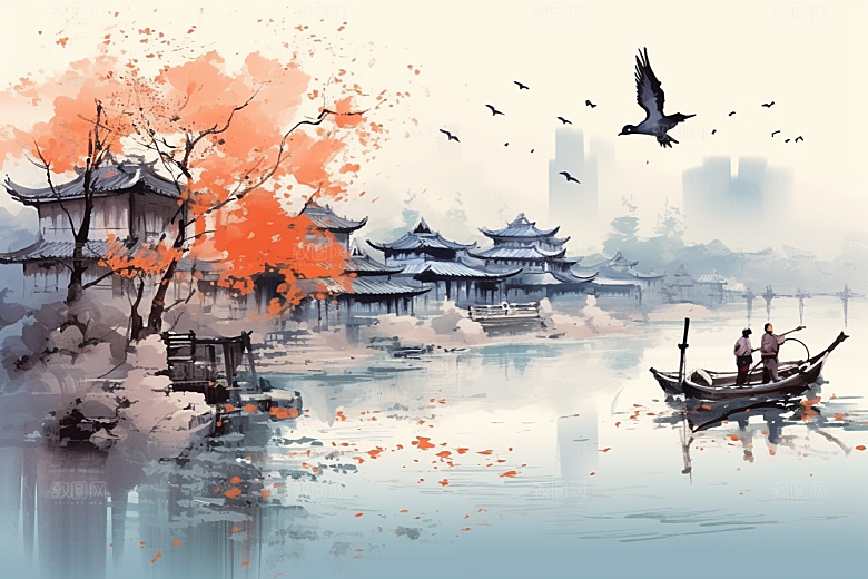 水墨江南小桥流水粉墙黛瓦插画
