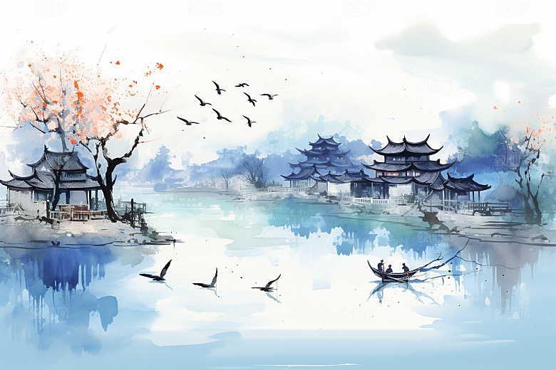 水墨江南晕染小桥流水插画