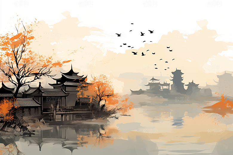 水墨江南水乡粉墙黛瓦插画