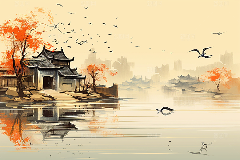 水墨江南粉墙黛瓦晕染插画