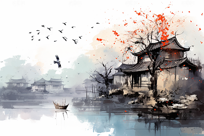 水墨江南小桥流水水彩插画