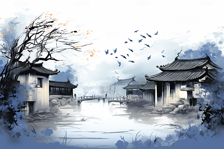 水墨江南粉墙黛瓦小镇插画