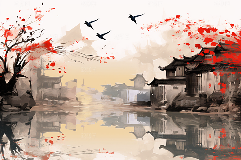 水墨江南中式水乡插画