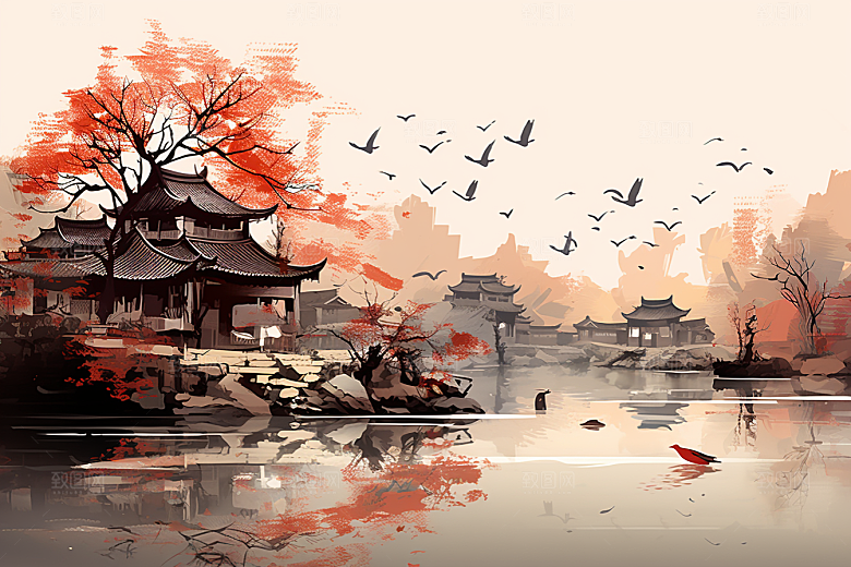 水墨江南手绘粉墙黛瓦插画