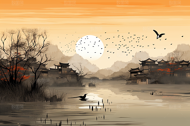 水墨江南中国风小桥流水插画