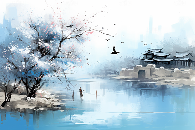 水墨江南小桥流水粉墙黛瓦插画