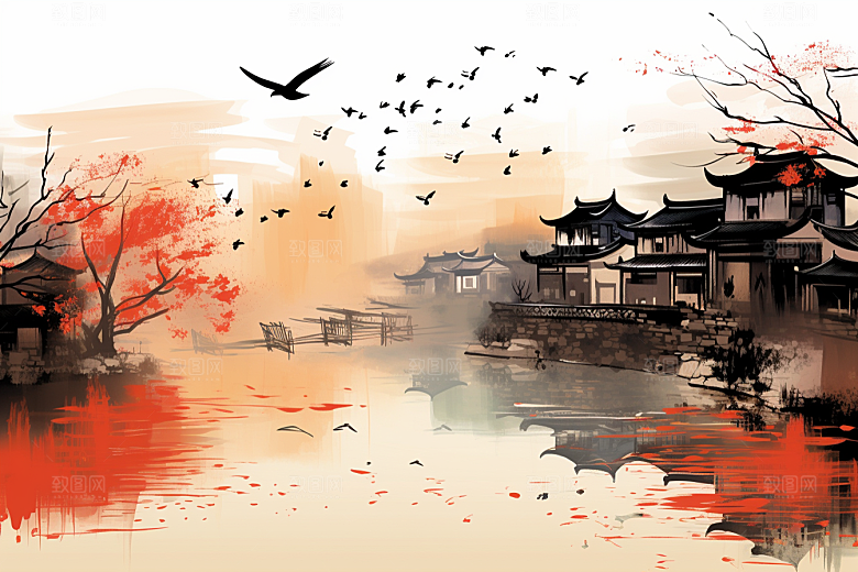 水墨江南水乡中式插画