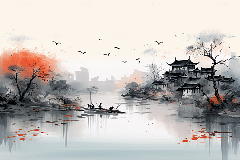 水墨江南中国风小镇插画
