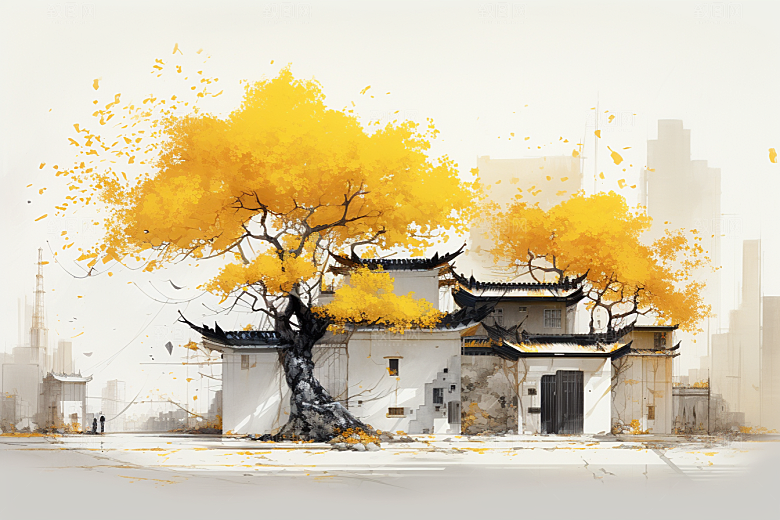 水墨江南小桥流水水乡插画