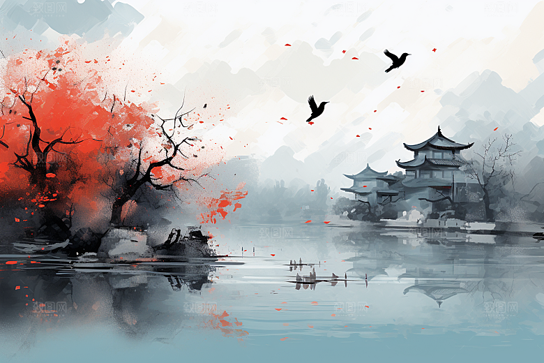 水墨江南水彩小桥流水插画