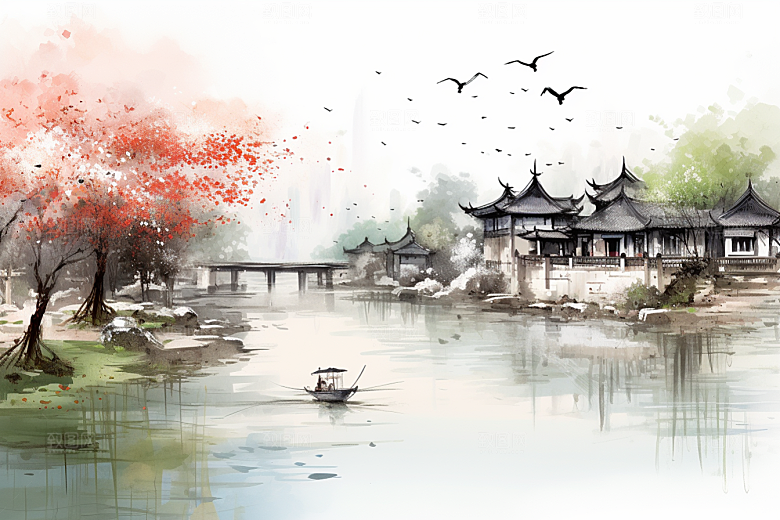 水墨江南中国风水乡插画
