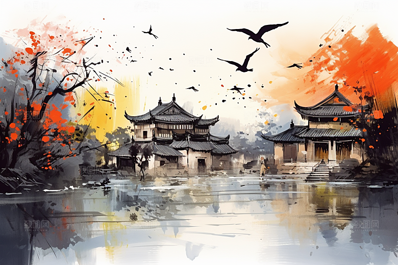 水墨江南中式手绘插画