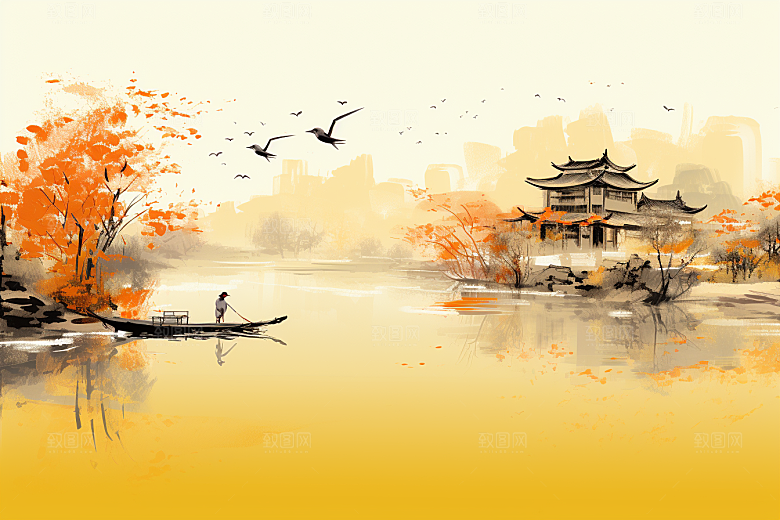 水墨江南手绘小镇插画