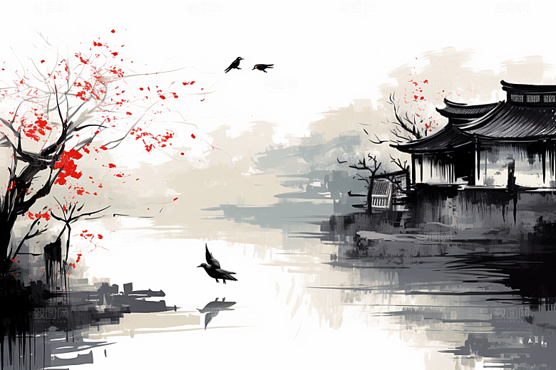 水墨江南晕染水乡插画