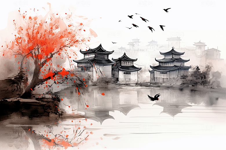 水墨江南水乡手绘插画