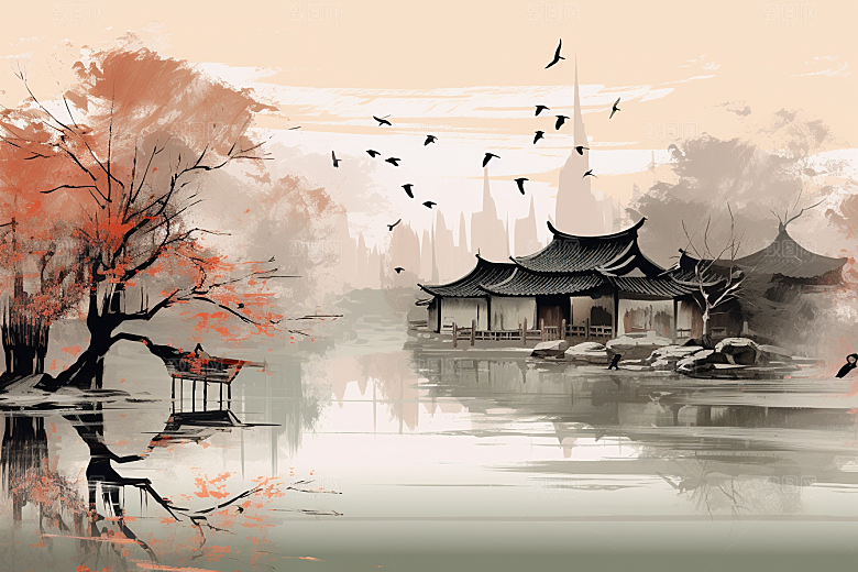 水墨江南小镇水彩插画