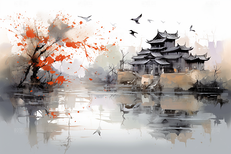 水墨江南水乡中国风插画