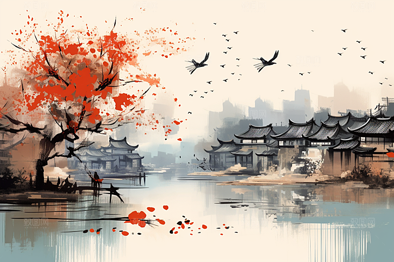 水墨江南小镇水彩插画