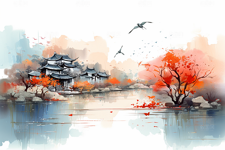 水墨江南水乡中式插画