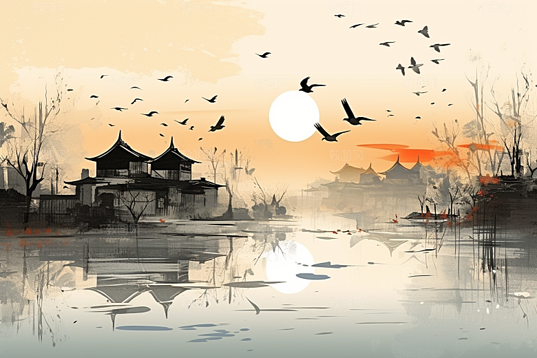 水墨江南晕染手绘插画