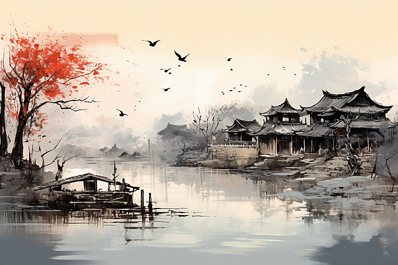 水墨江南小镇中国风插画