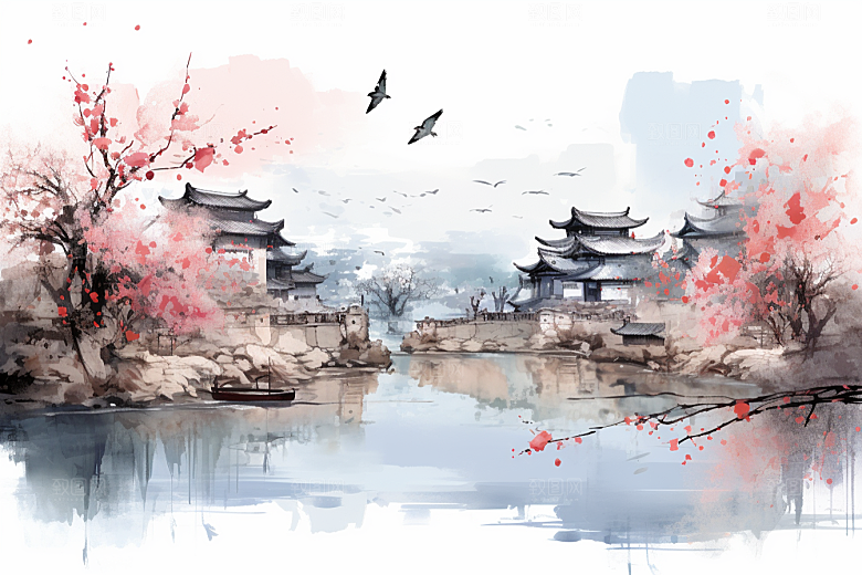 水墨江南水乡中式插画