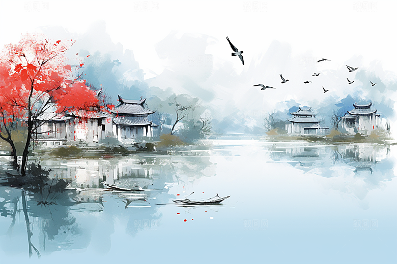 水墨江南中国风水乡插画